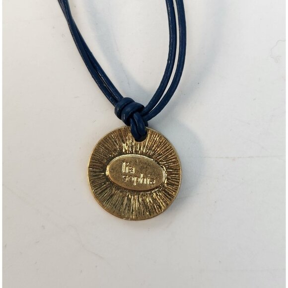 Lia Sophia Spotlight Crystal Pave Coin Gold Tone Pendant Blue Cord Necklace NIB - Picture 5 of 7
